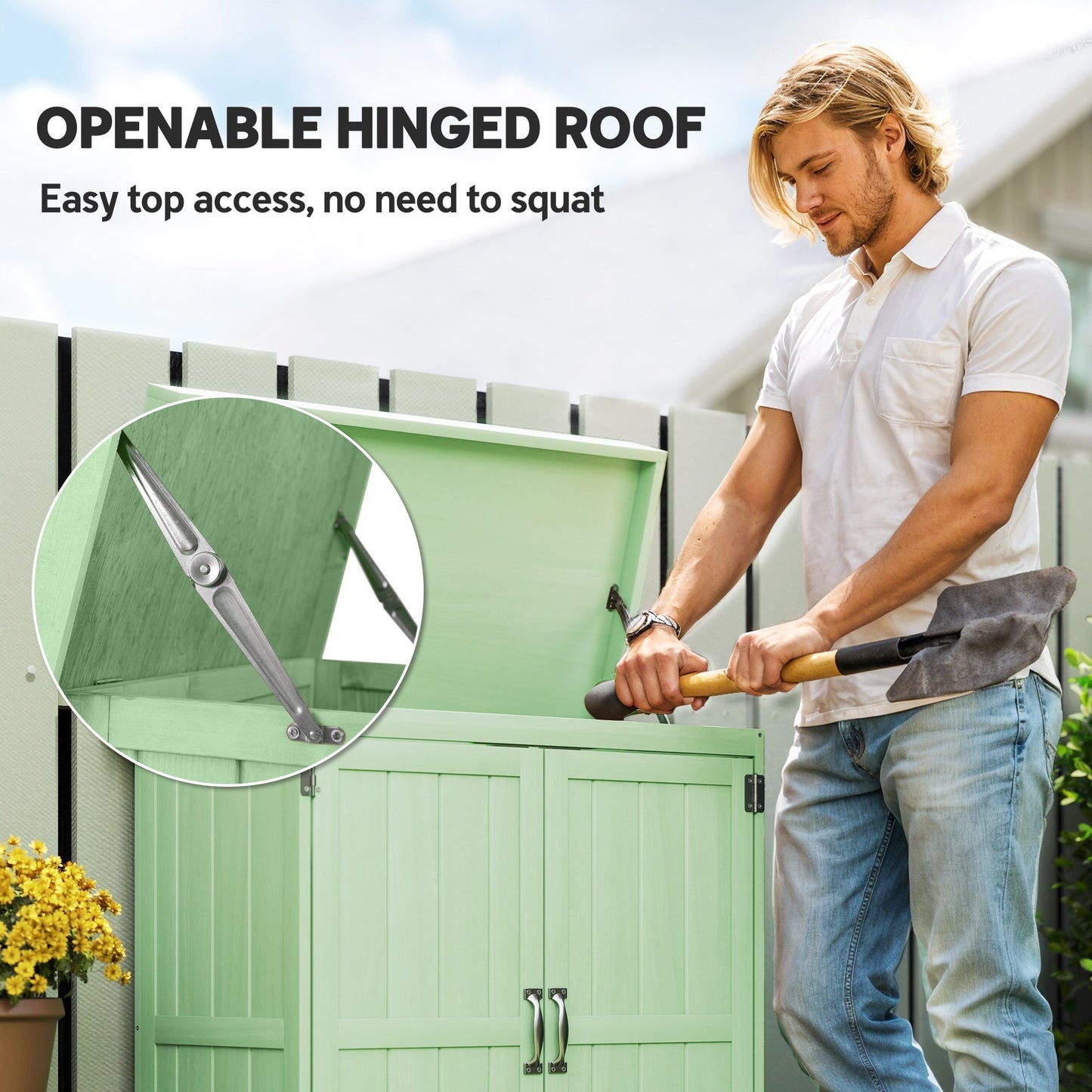 Outsunny Small Shed, Wooden Garden Shed with Openable Hinged Roof and Removable Shelf, 74 x 43 x 88 cm, Light Green