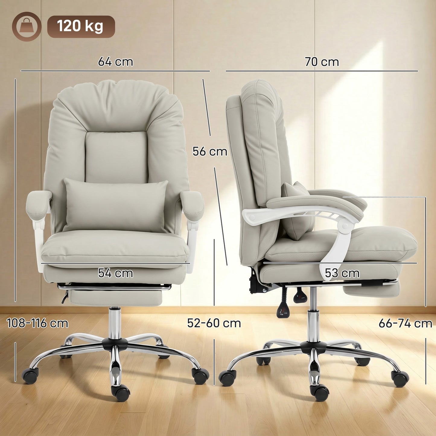 HOMCOM Ergonomic Executive Office Chair, Reclining Desk Chair with Lumbar Support, Footrest, Plush Thick Cushion, Khaki