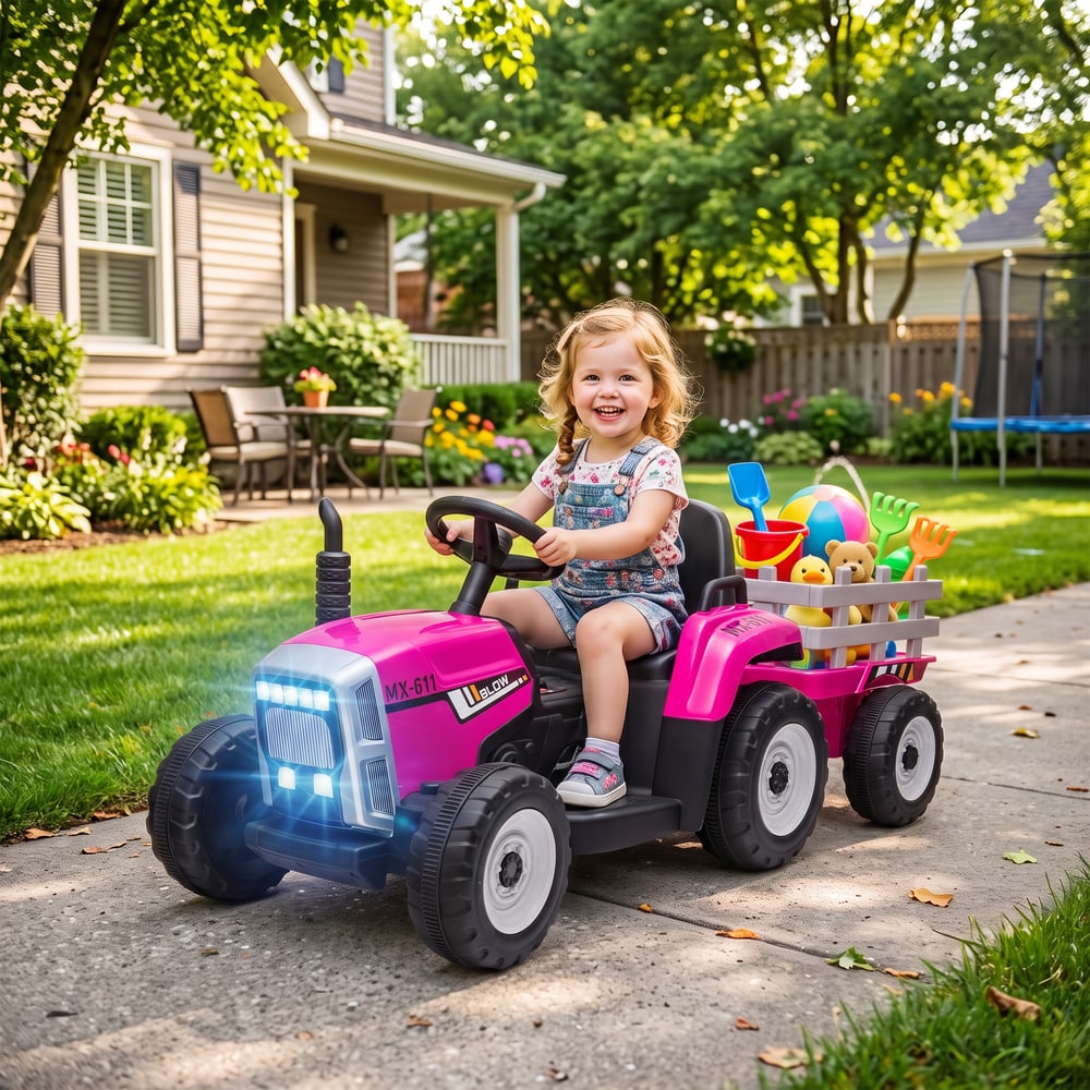 HOMCOM 12V Kids Ride on Tractor with Detachable Trailer, Remote, Soft Start, Seat Belt, Music, USB, Horn, Lights for 3-6, Pink