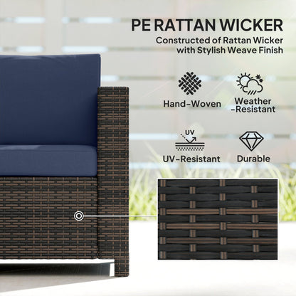 أريكة Outsunny بثلاثة مقاعد من الروطان، كرسي بإطار معدني منسوج من الخوص المقاوم لجميع الأحوال الجوية مع وسادة مقاومة للحريق - أزرق داكن