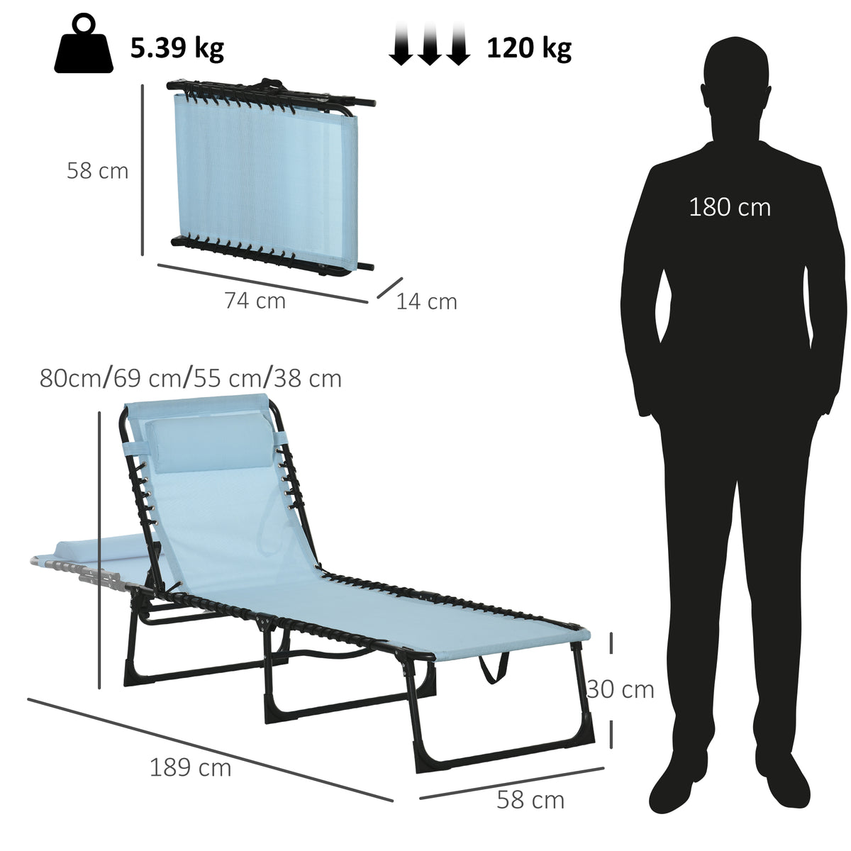 Outsunny Folding Sun Lounger Beach Chaise Chair in Baby Blue
