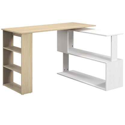 HOMCOM L-shaped desk modular computer desk built-in bookcase + 3-tier shelf white and natural wood