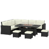 Outsunny 7 Pieces PE Rattan Garden Furniture Set, 50,000 BTU Gas Fire Pit Table, Double Corner Sofa and 3 Footstools