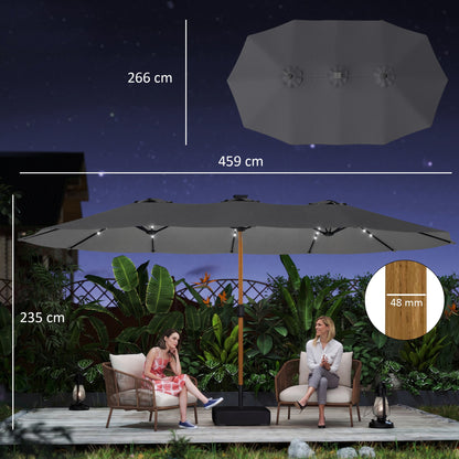 مظلة حديقة مزدوجة الجوانب من Outsunny مع قاعدة مرفقة و48 مصباح LED يعمل بالطاقة الشمسية، مظلة فناء بمقبض تدوير 4.6 متر، رمادي فاتح