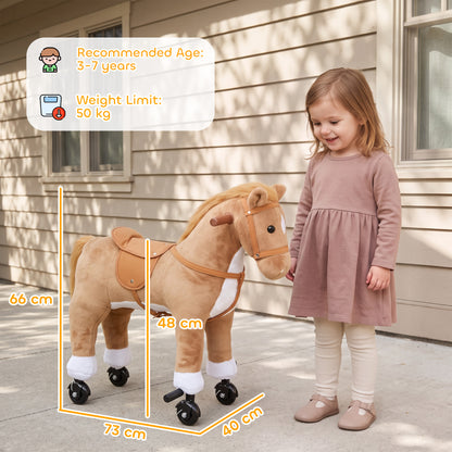AIYAPLAY Rocking Horse, Plush Ride On Horse with Hoof Sounds, Music, Rolling Wheels and Pedal for 3-7 Years, Up to 50kg, Brown