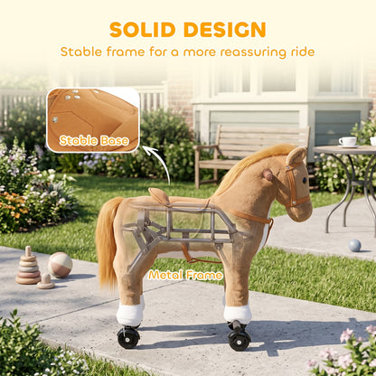 AIYAPLAY Rocking Horse, Plush Ride On Horse with Hoof Sounds, Music, Rolling Wheels and Pedal for 3-7 Years, Up to 50kg, Brown