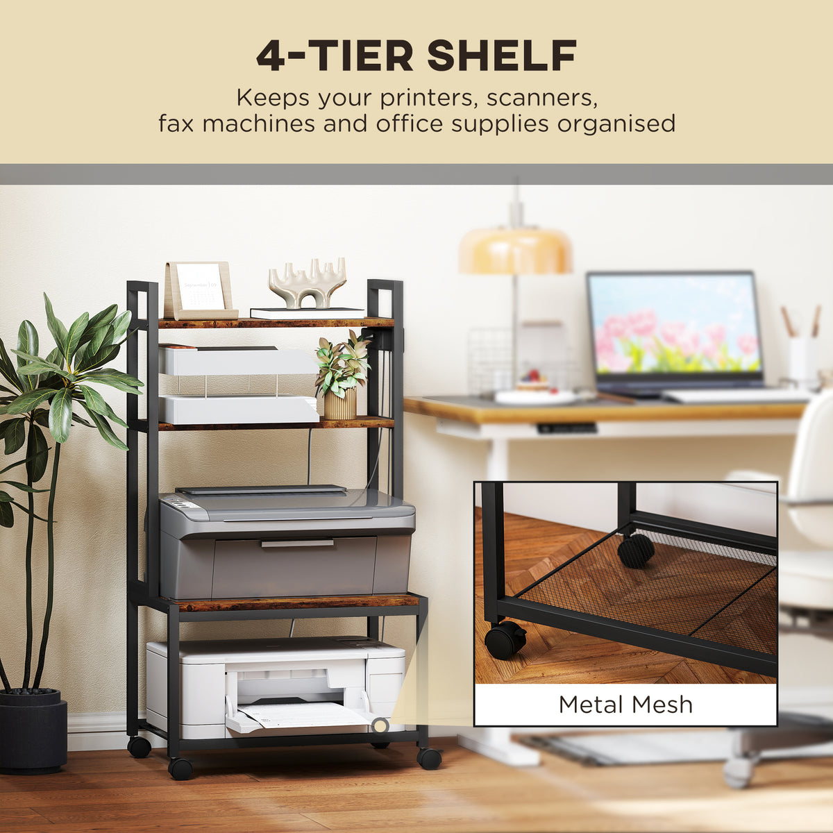 HOMCOM 4-Tier Printer Stand with Power Outlets and Wheels in Rustic Brown