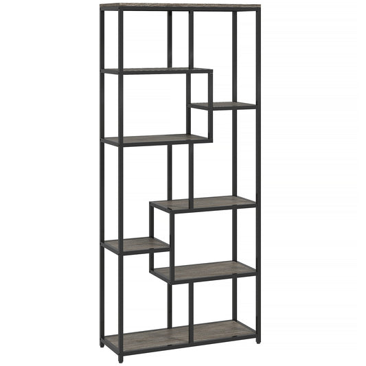 HOMCOM Seven-Tier Geometric Bookcase in grey and black with an open geometric design