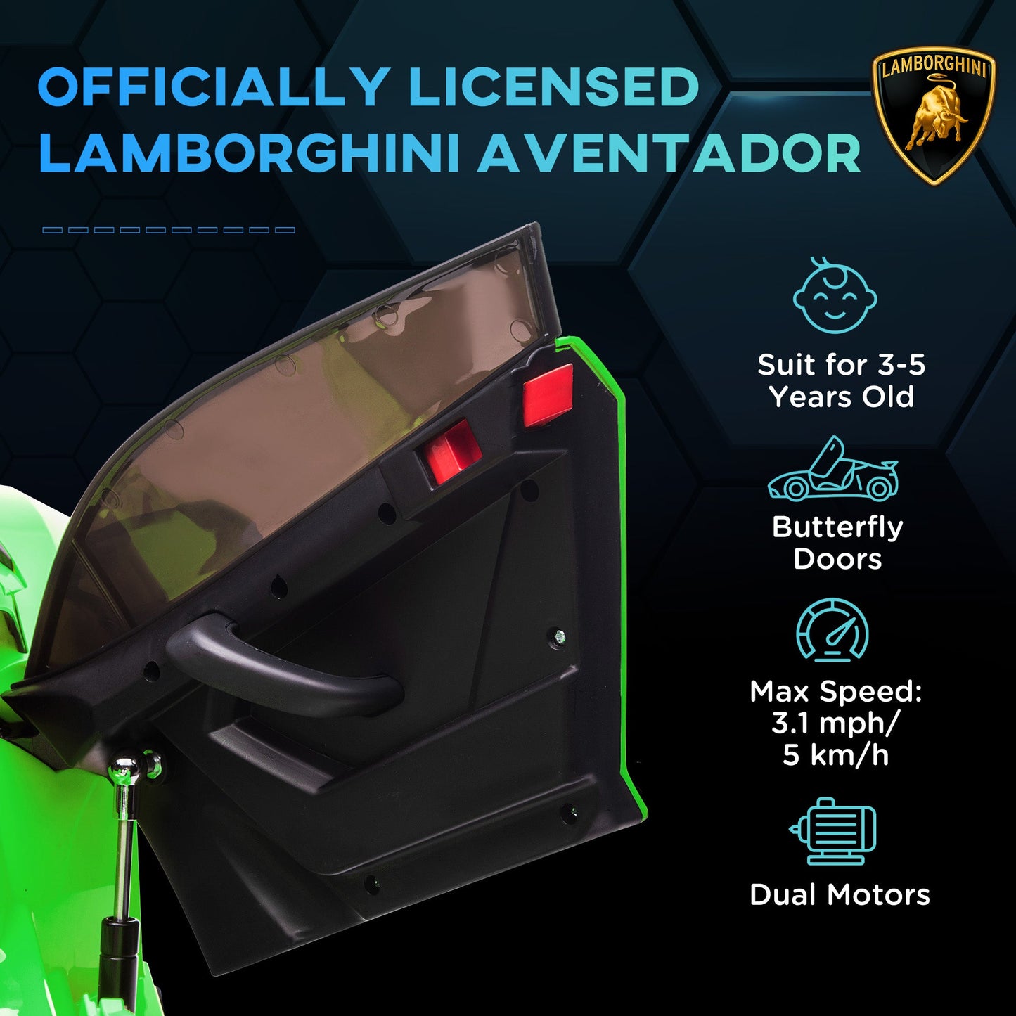 سيارة كهربائية للأطفال HOMCOM Lamborghini مرخصة 12 فولت مع أبواب فراشة، جهاز تحكم عن بعد، موسيقى، بوق، نظام تعليق - أخضر