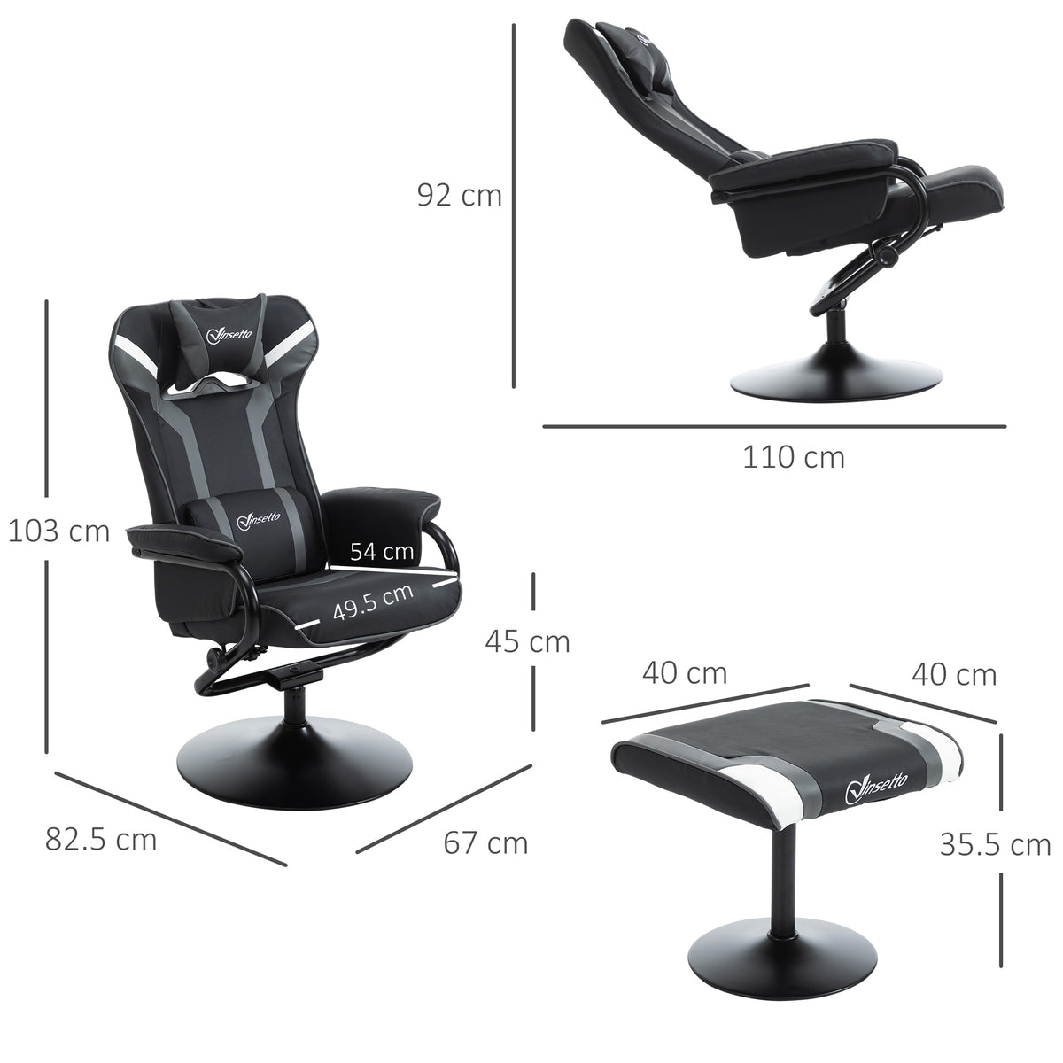 Vinsetto Reclining Chair and Stool Set in Mixed-grey