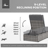 Outsunny Outdoor Patio PE Rattan Lounger with Cushion, 5-Level Reclining Wicker Rattan Sun Lounger with Tea Tray, for Poolside, Patio, Deck, 120kg Weight Capacity, Grey