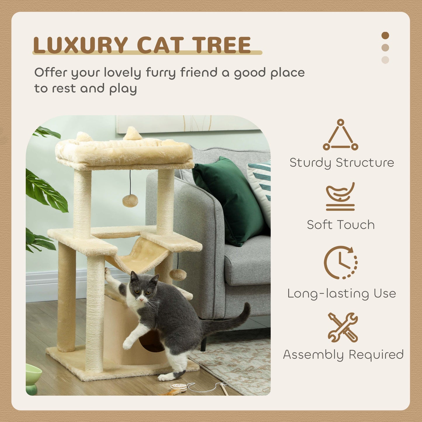 PawHut Cat Tree, 90cm Cat Tower with Sisal Scratching Posts, Cat Condo, Hammock, Top Perch and 2 Hanging Toys for Cats, Beige