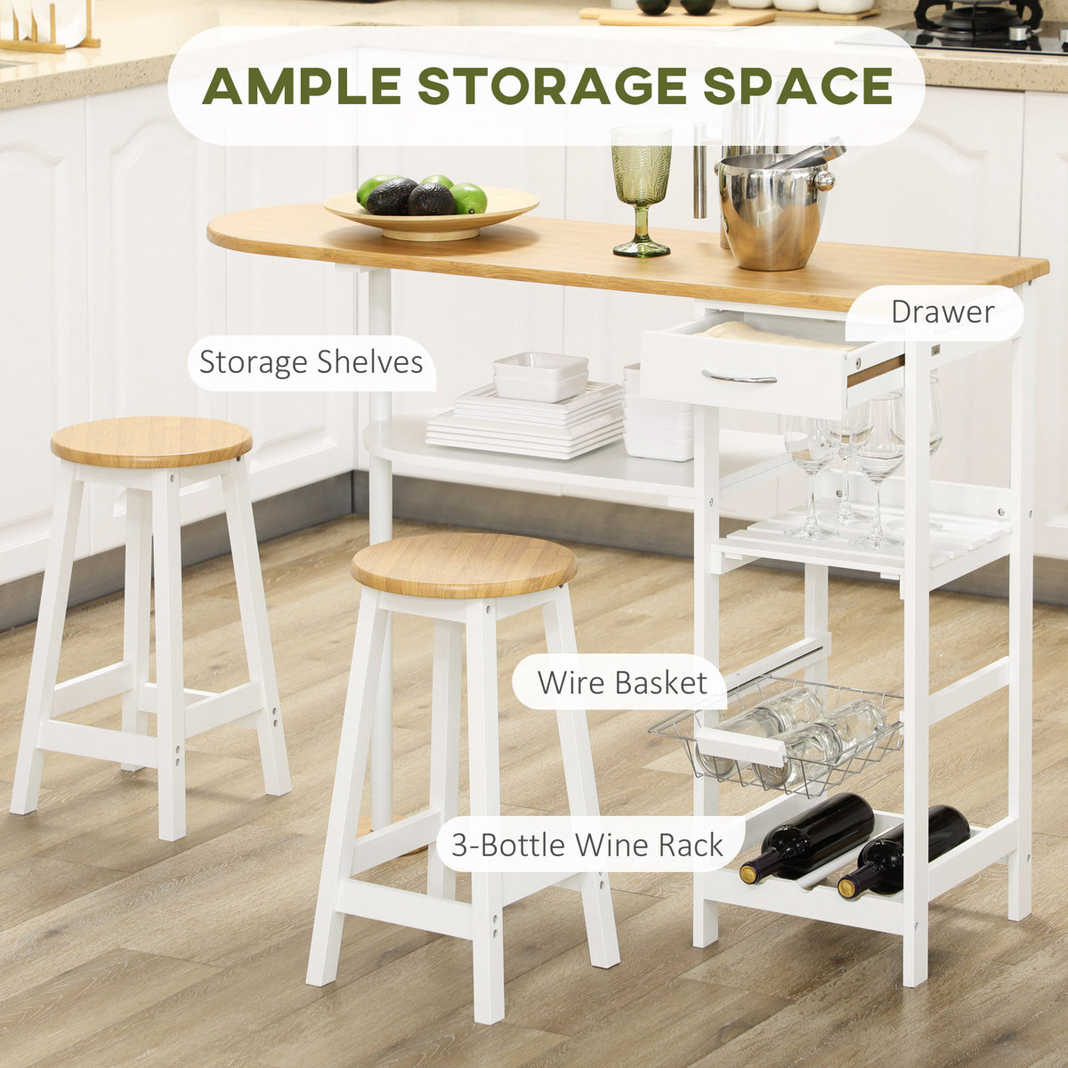 HOMCOM 3 Piece Bar Table Set in Natural and White
