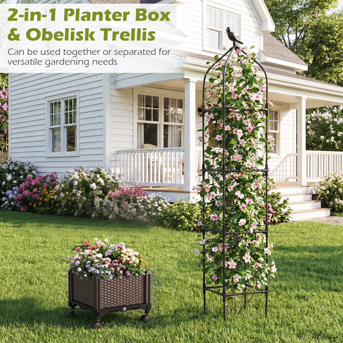 Raised Garden Bed Planter Box with Obelisk Trellis 200 cm-Black