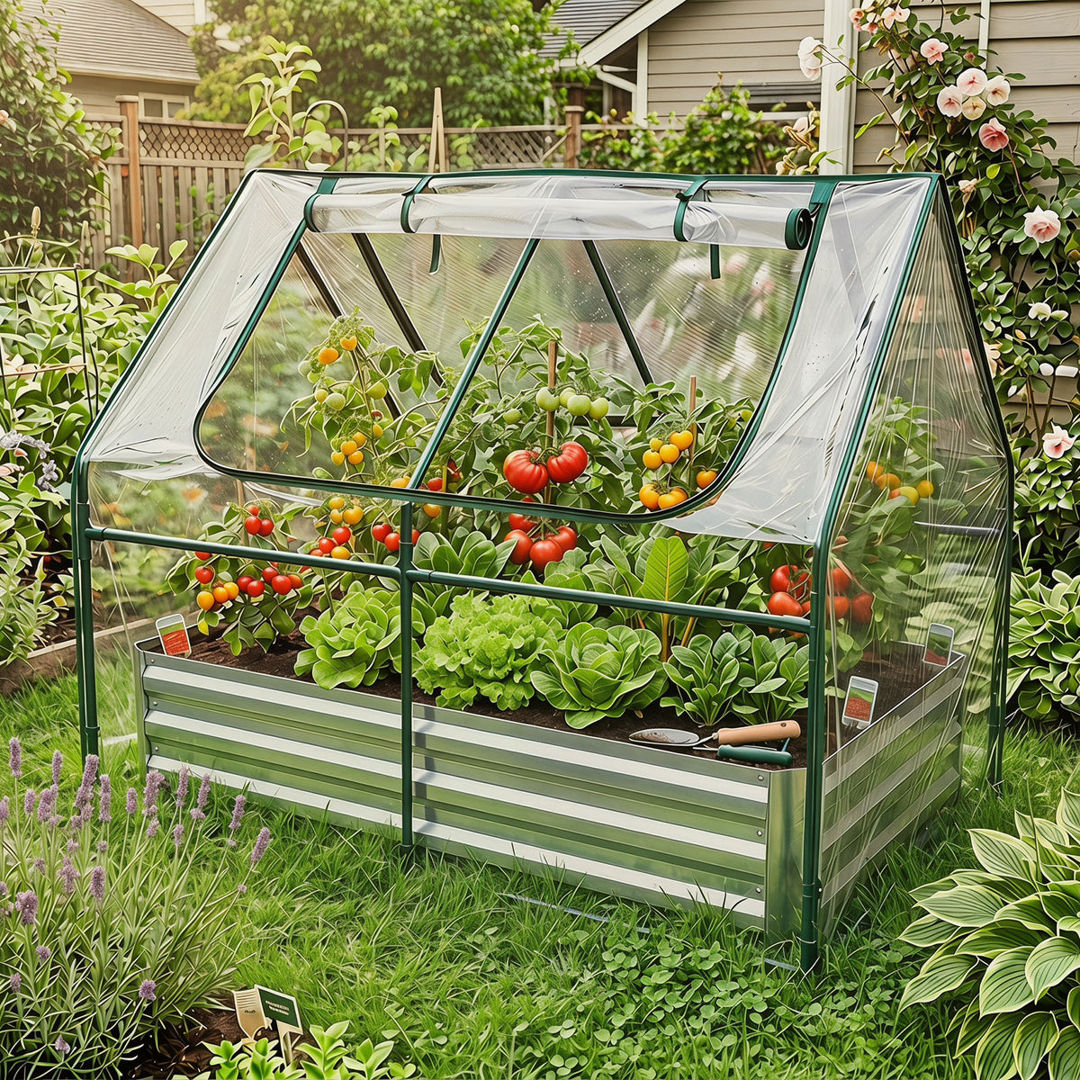 Raised Garden Bed with 2 Large Screen Windows for Flowers Vegetables-Silver