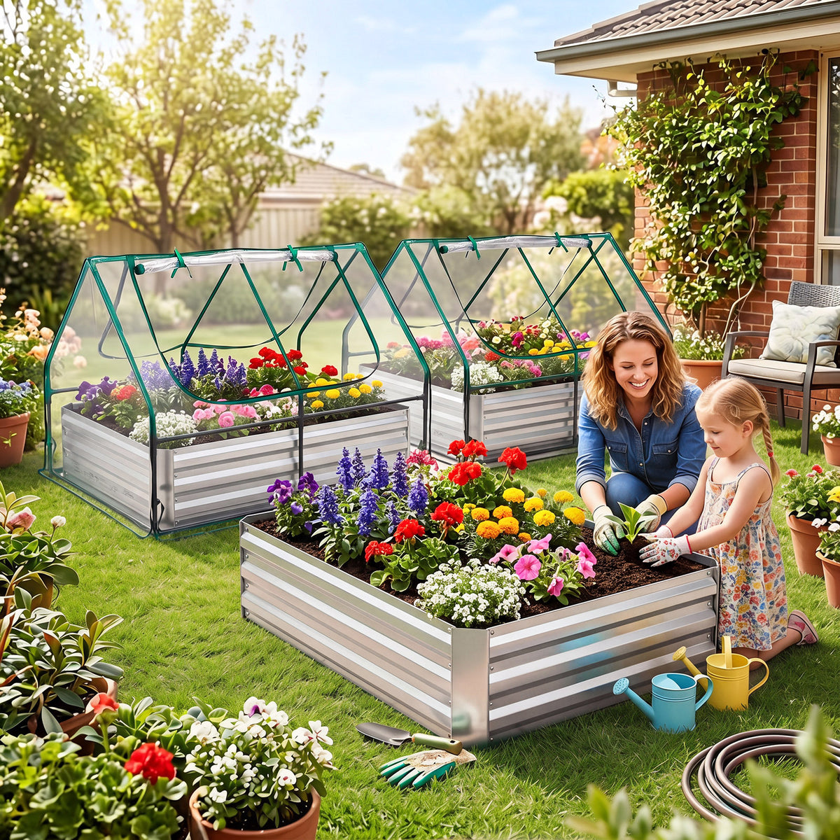 Raised Garden Bed with 2 Large Screen Windows for Flowers Vegetables-Silver