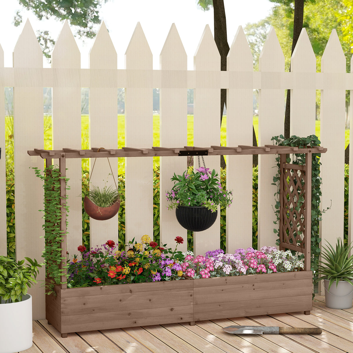 Raised Garden Bed with 2-Sided Trellis and Hanging Roof-Rustic Brown
