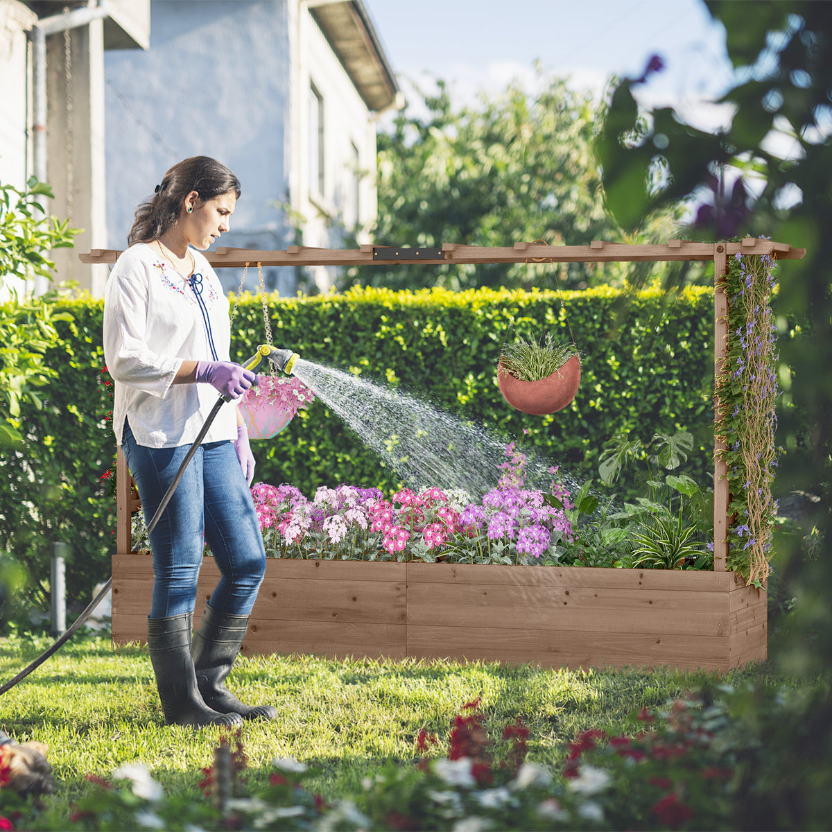 Raised Garden Bed with 2-Sided Trellis and Hanging Roof-Rustic Brown