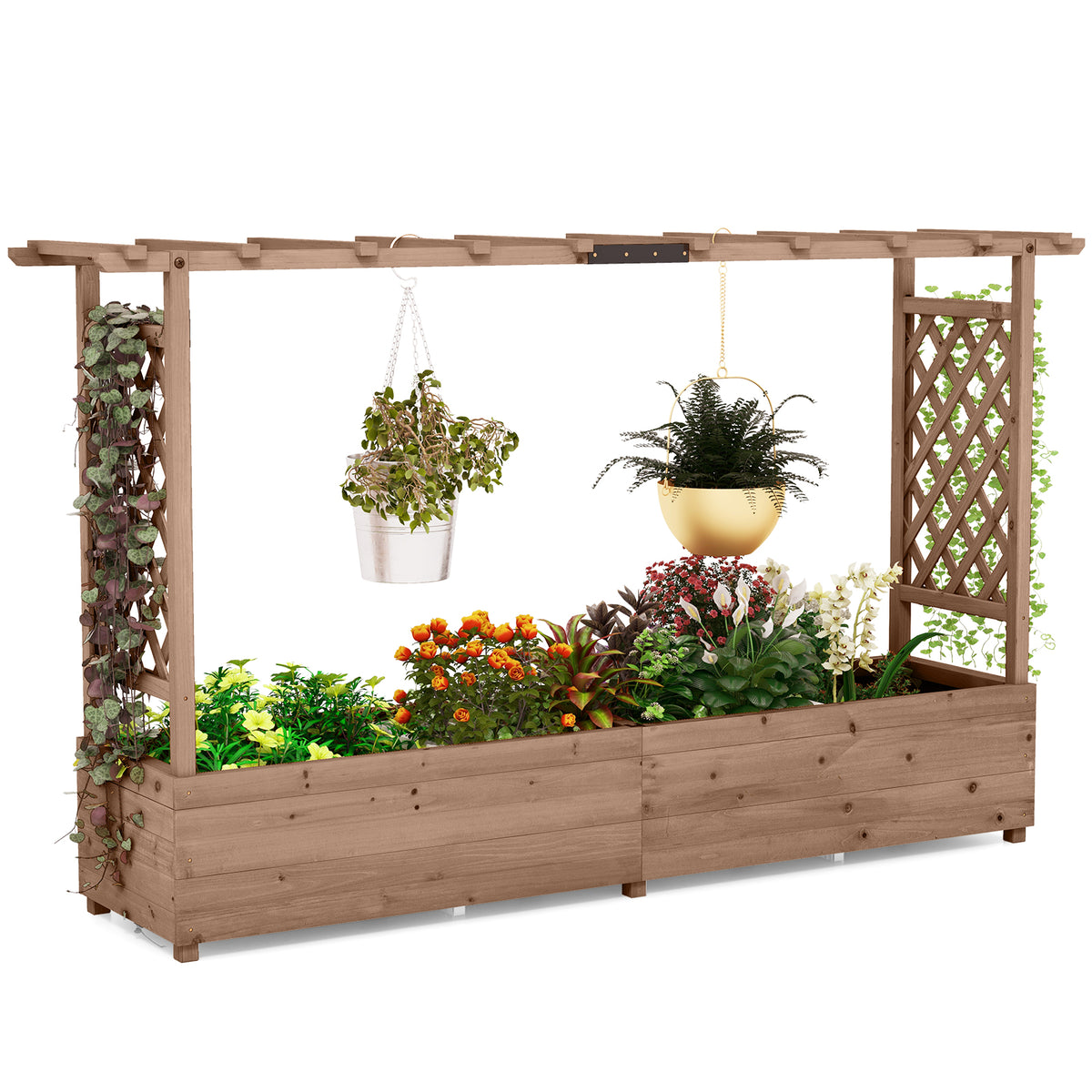 Raised Garden Bed with 2-Sided Trellis and Hanging Roof-Rustic Brown