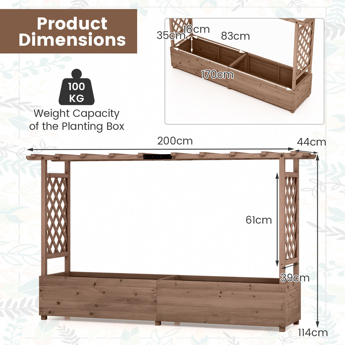Raised Garden Bed with 2-Sided Trellis and Hanging Roof-Rustic Brown