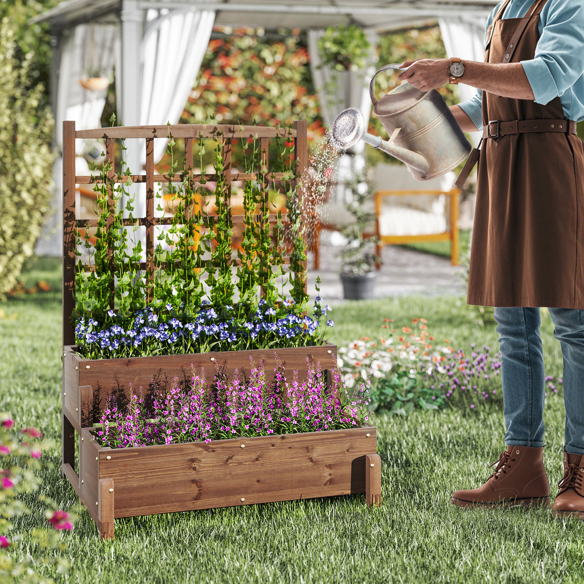 Raised Garden Bed with Lattice Trellis and Drainage Holes-Rustic Brown