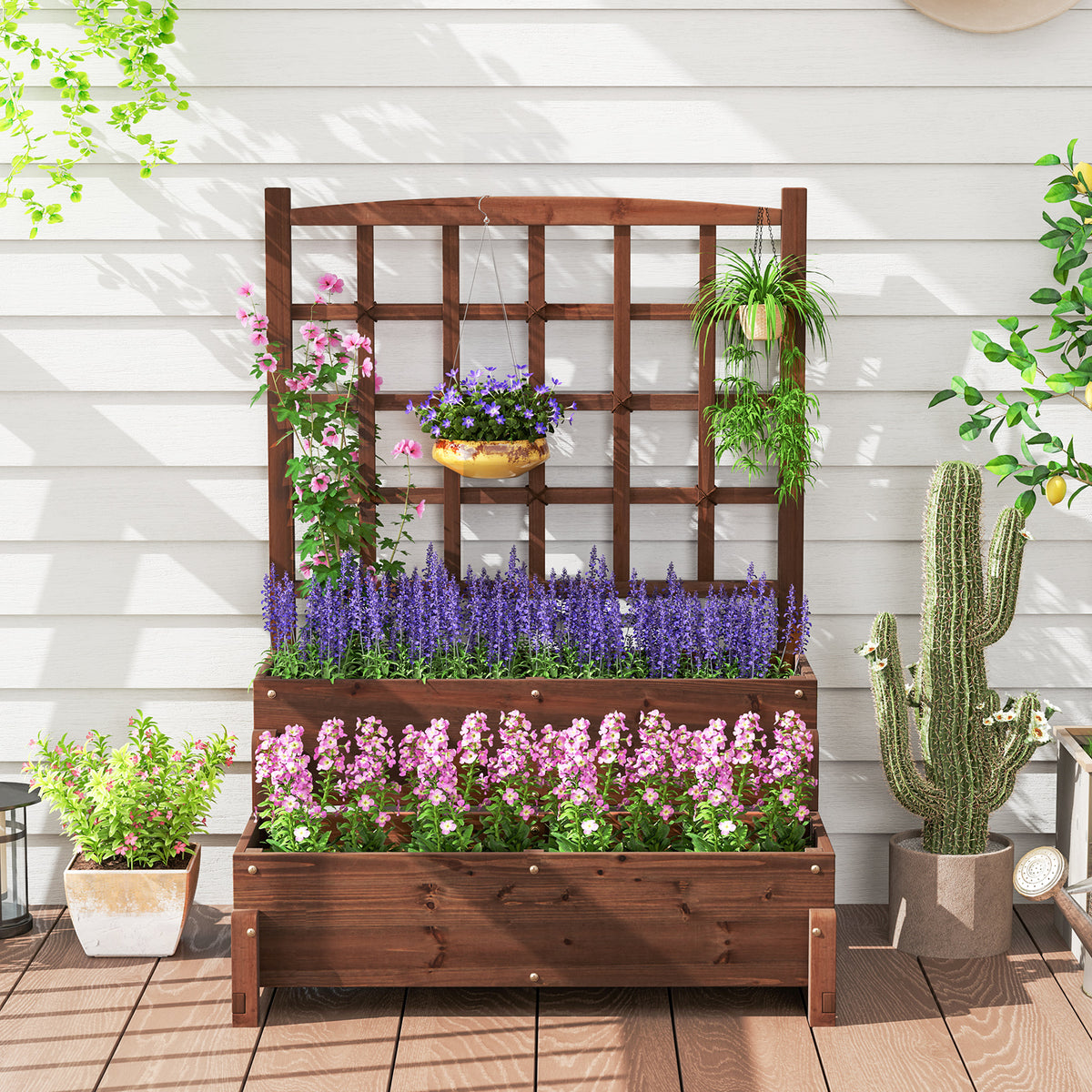 Raised Garden Bed with Lattice Trellis and Drainage Holes-Rustic Brown