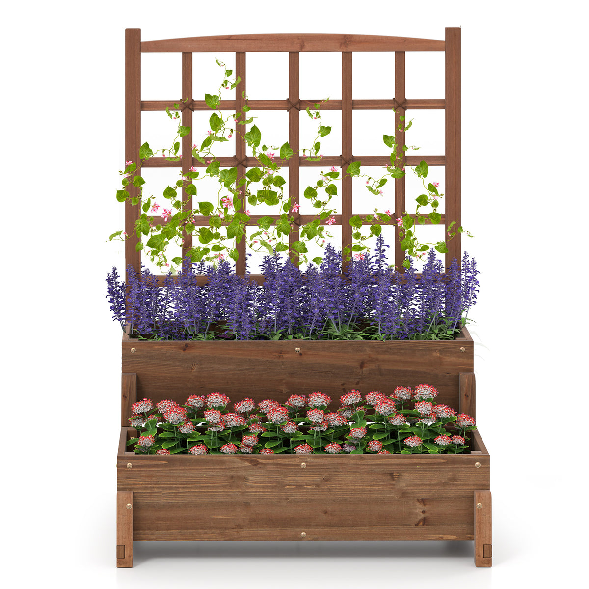Raised Garden Bed with Lattice Trellis and Drainage Holes-Rustic Brown