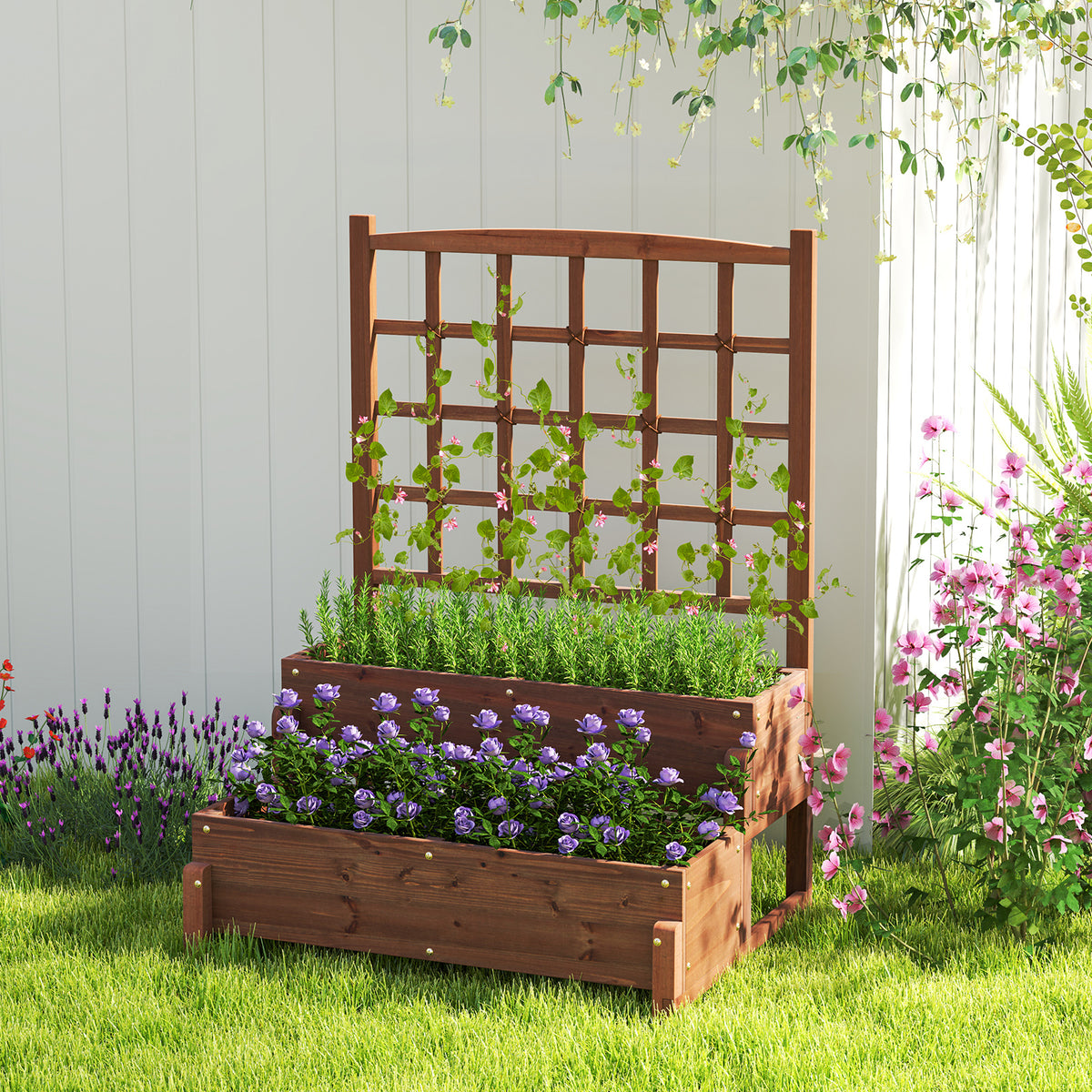 Raised Garden Bed with Lattice Trellis and Drainage Holes-Rustic Brown