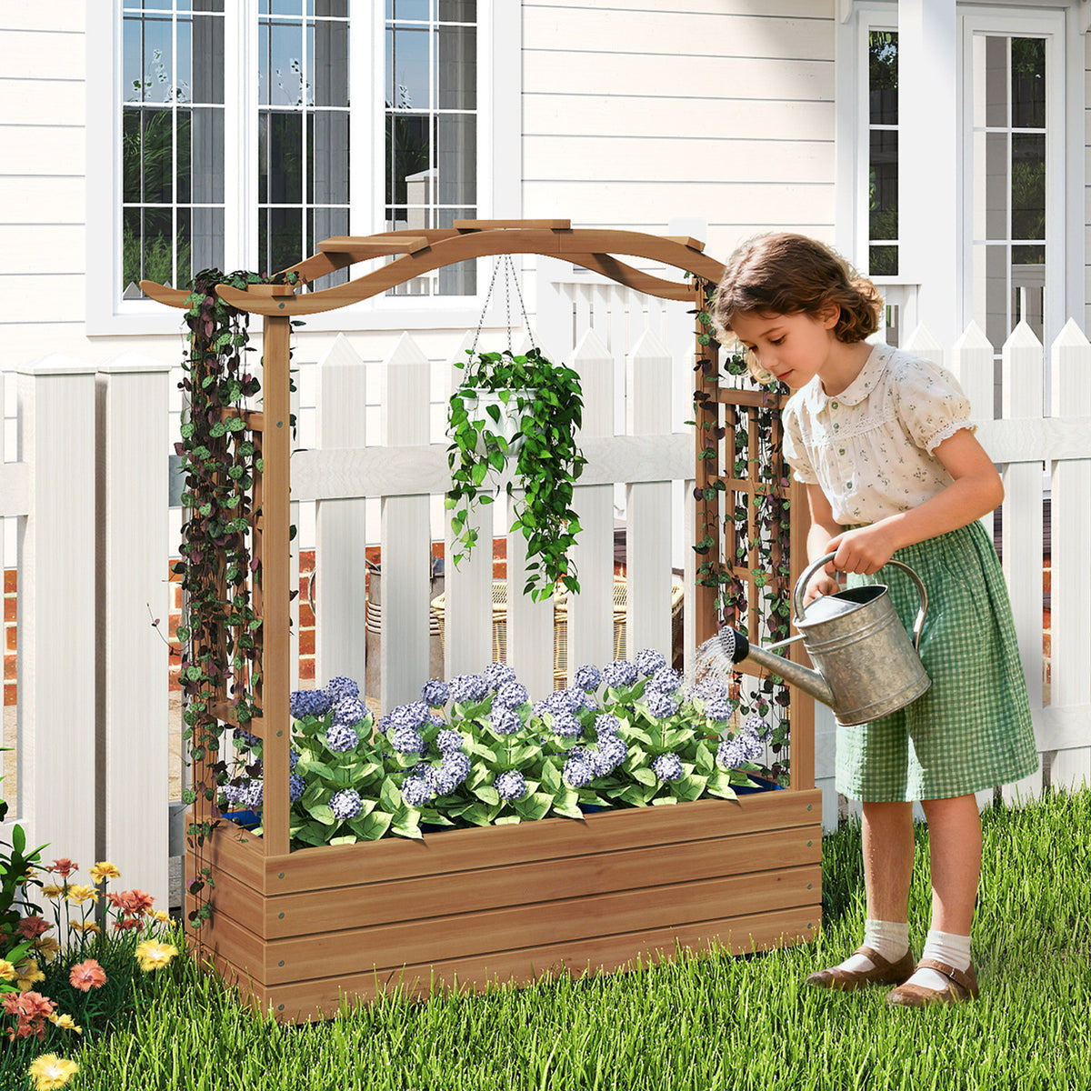 Raised Garden Bed with Trellis Solid Wood Planter with Hanging Roof-Brown