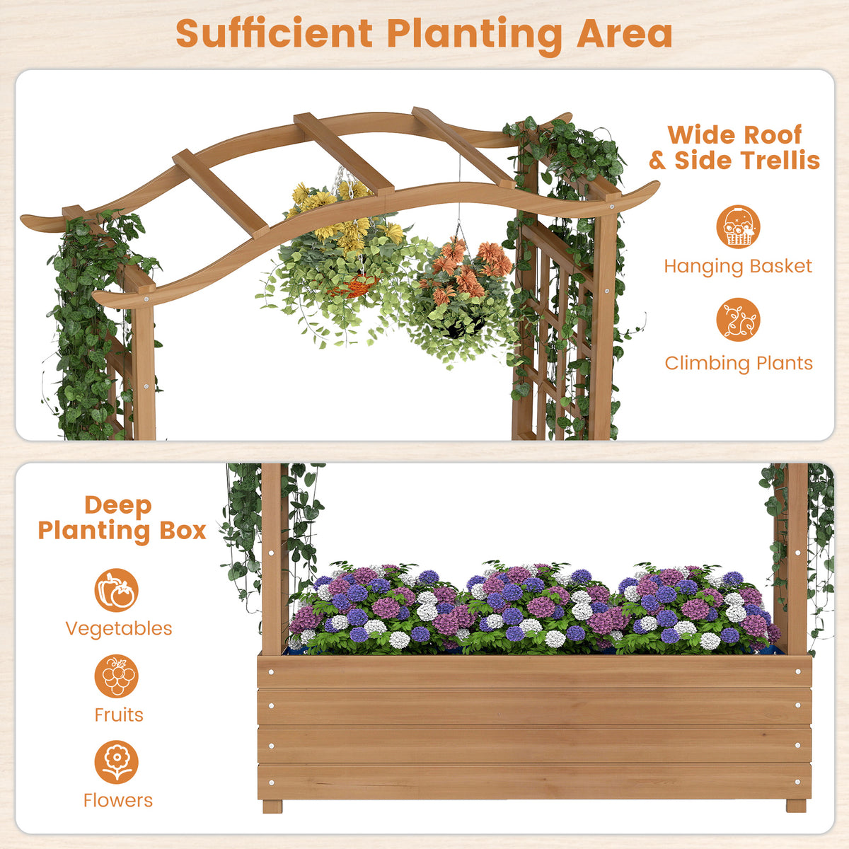 Raised Garden Bed with Trellis Solid Wood Planter with Hanging Roof-Brown