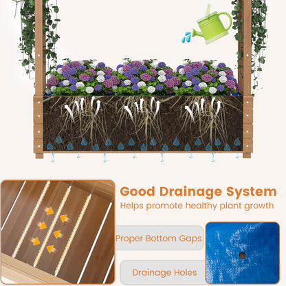 Raised Garden Bed with Trellis Solid Wood Planter with Hanging Roof-Brown