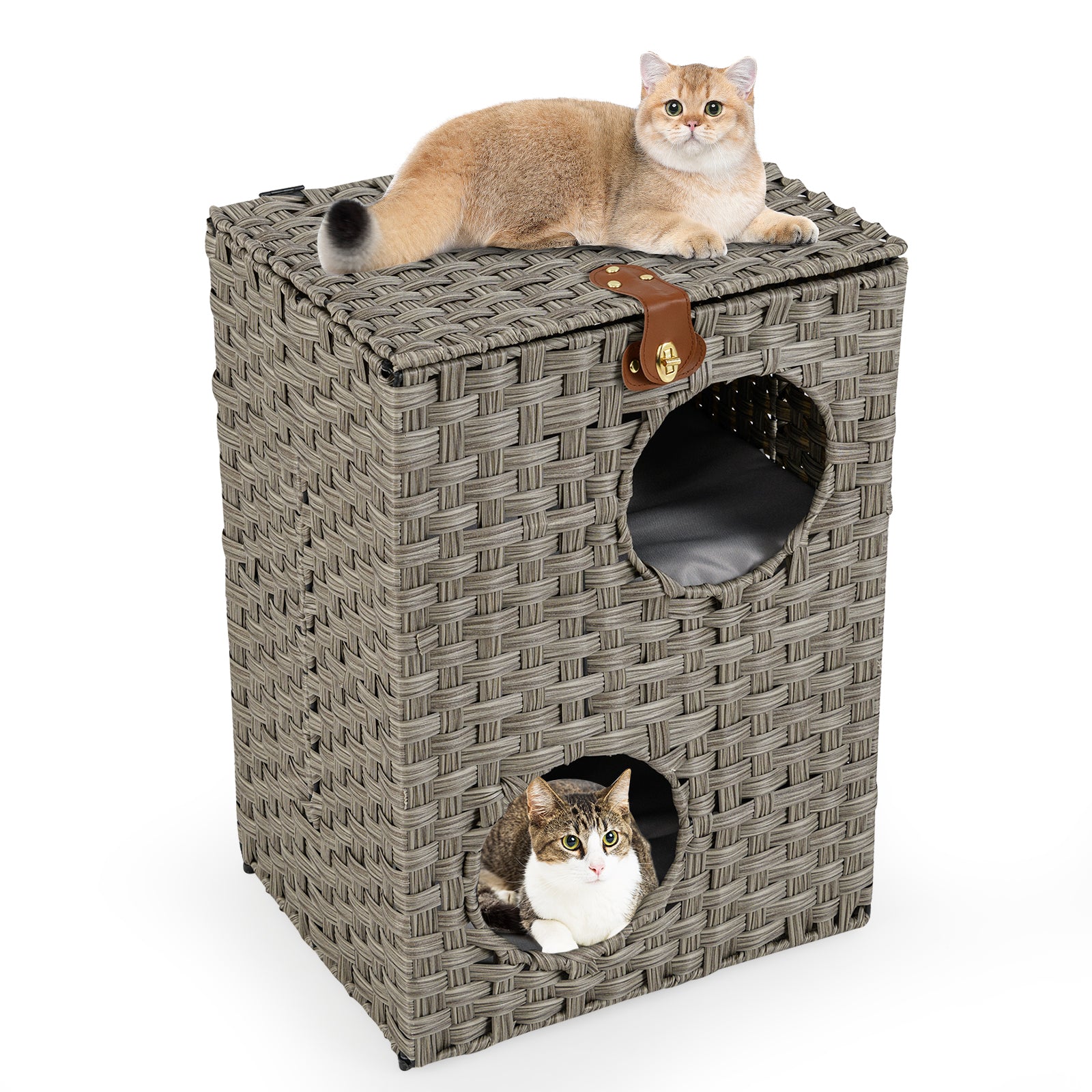Rattan Cat House for Indoor 2-Tier Cat Condo Space Saving Kitty Bed Footrest Nightstand-Grey
