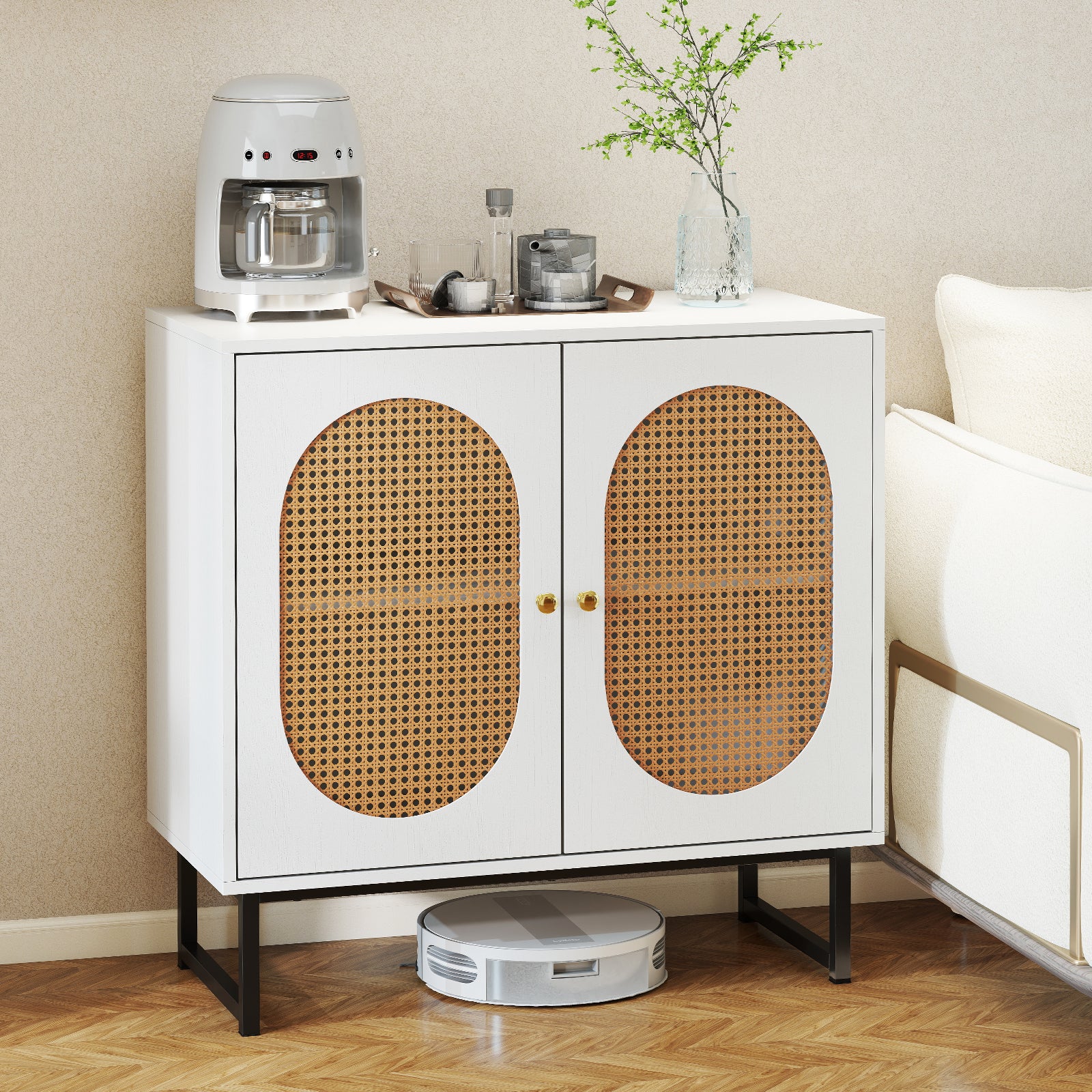 Buffet Cabinet Rattan Storage Cabinet Boho Sideboard-White