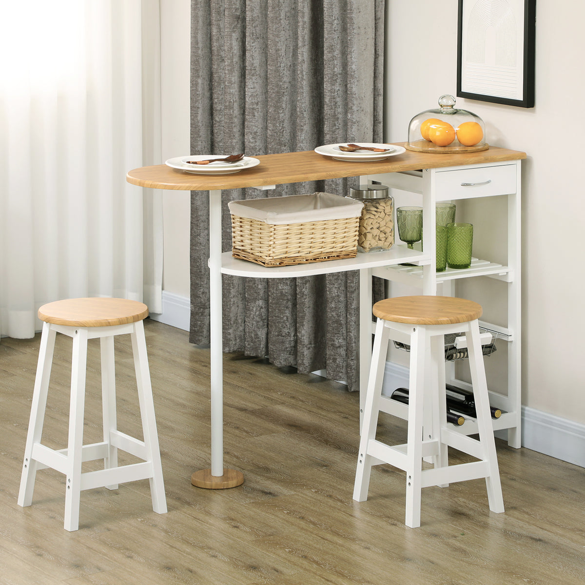 HOMCOM 3 Piece Bar Table Set in Natural and White