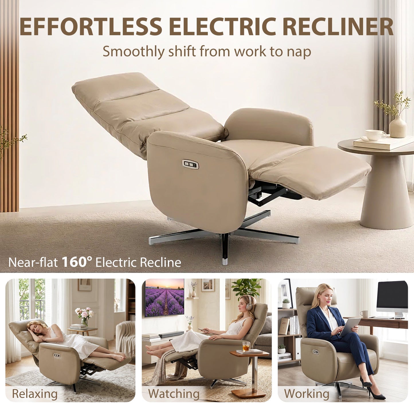 HOMCOM Power Recliner Chair, Swivel Electric Reclining Chair with Type C+USB, Recliner Armchair with Footrest, Brown