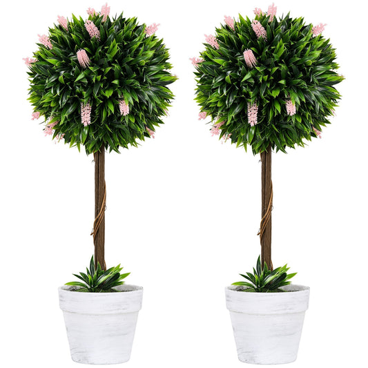 HOMCOM Set of 2 Decorative Artificial Plants Ball Trees with Flower for Home Indoor Outdoor Decor, 60cm,Pink