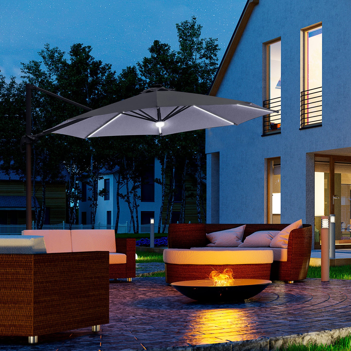 Outsunny 3(m) LED Cantilever Parasol Outdoor Sun Umbrella w/ Base Solar Lights Grey