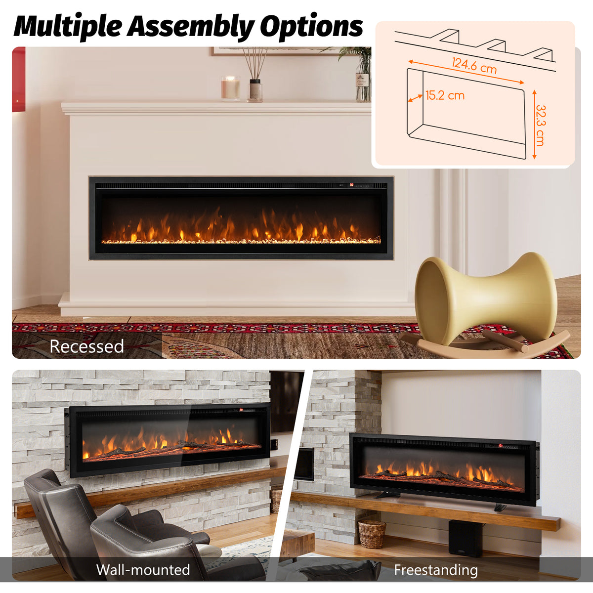 102/127 cm Wall Mounted Recessed Freestanding Electric Fireplace-Size 2