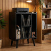Record Player Stand with 4 Open Shelves Power Outlet USB Charging Port-Black