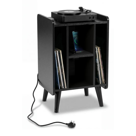 Record Player Stand with 4 open shelves and a power outlet with USB charging port in black