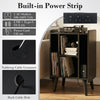 Record Player Stand with 4 Open Shelves Power Outlet USB Charging Port-Black