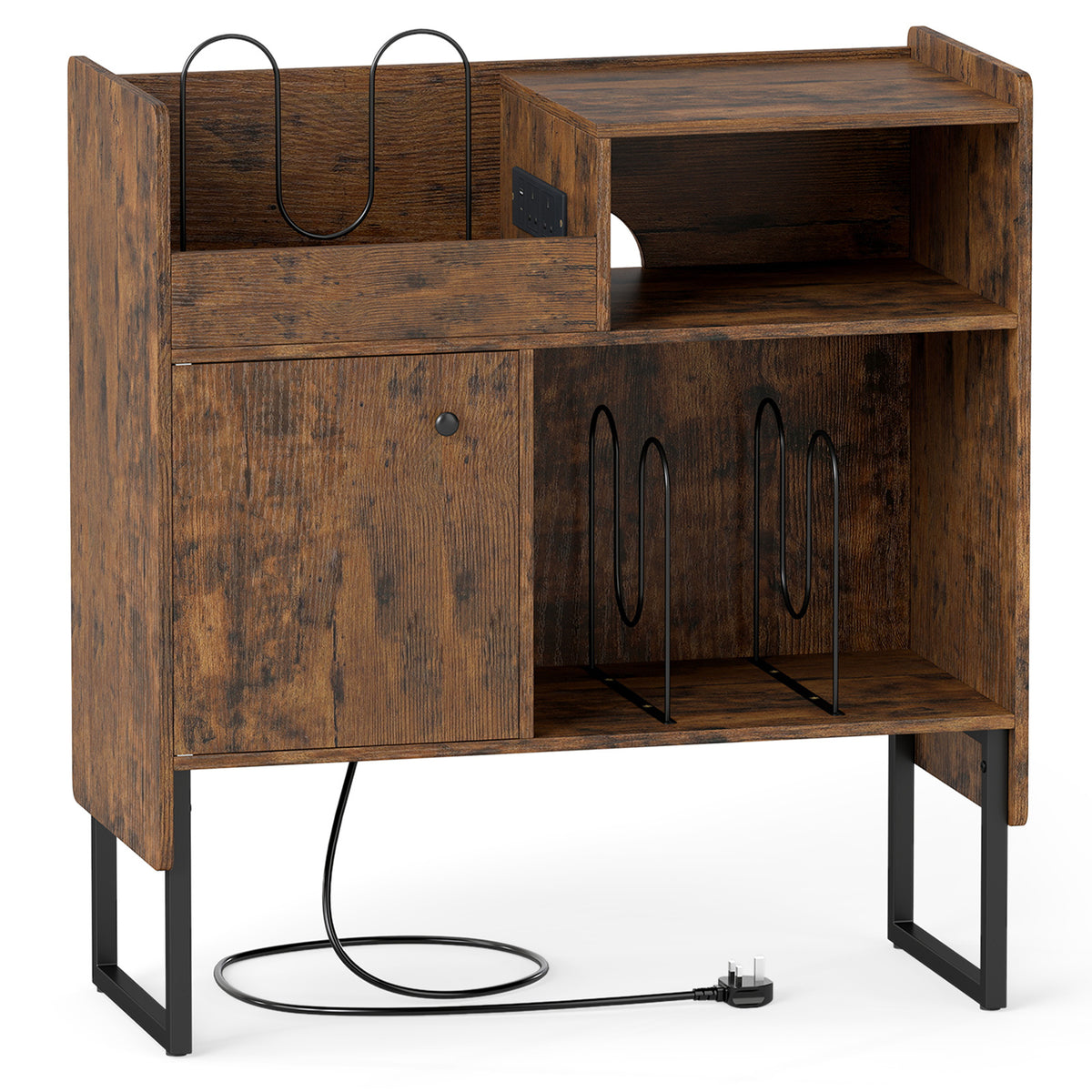 Record Player Stand with Power Outlets and Open Shelf-Rustic Brown
