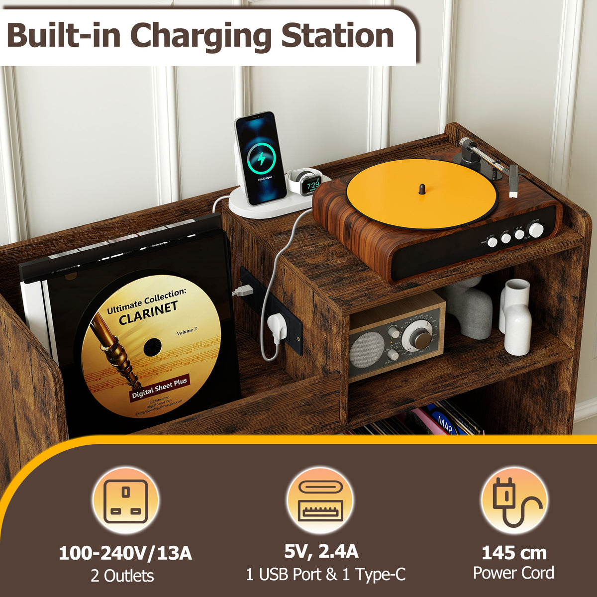 Record Player Stand with Power Outlets and Open Shelf-Rustic Brown