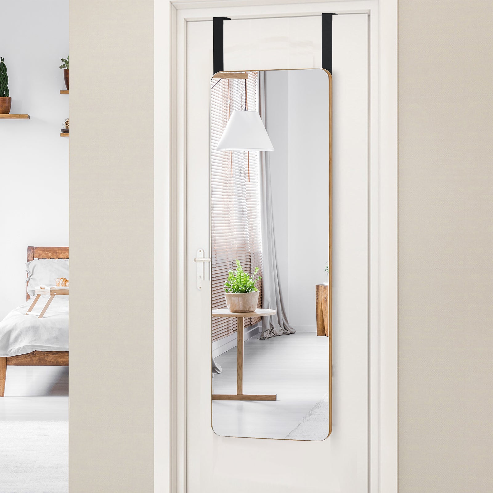 Rectangle Wall Mounted Mirror with Bamboo Frame and Round Corners-Natural