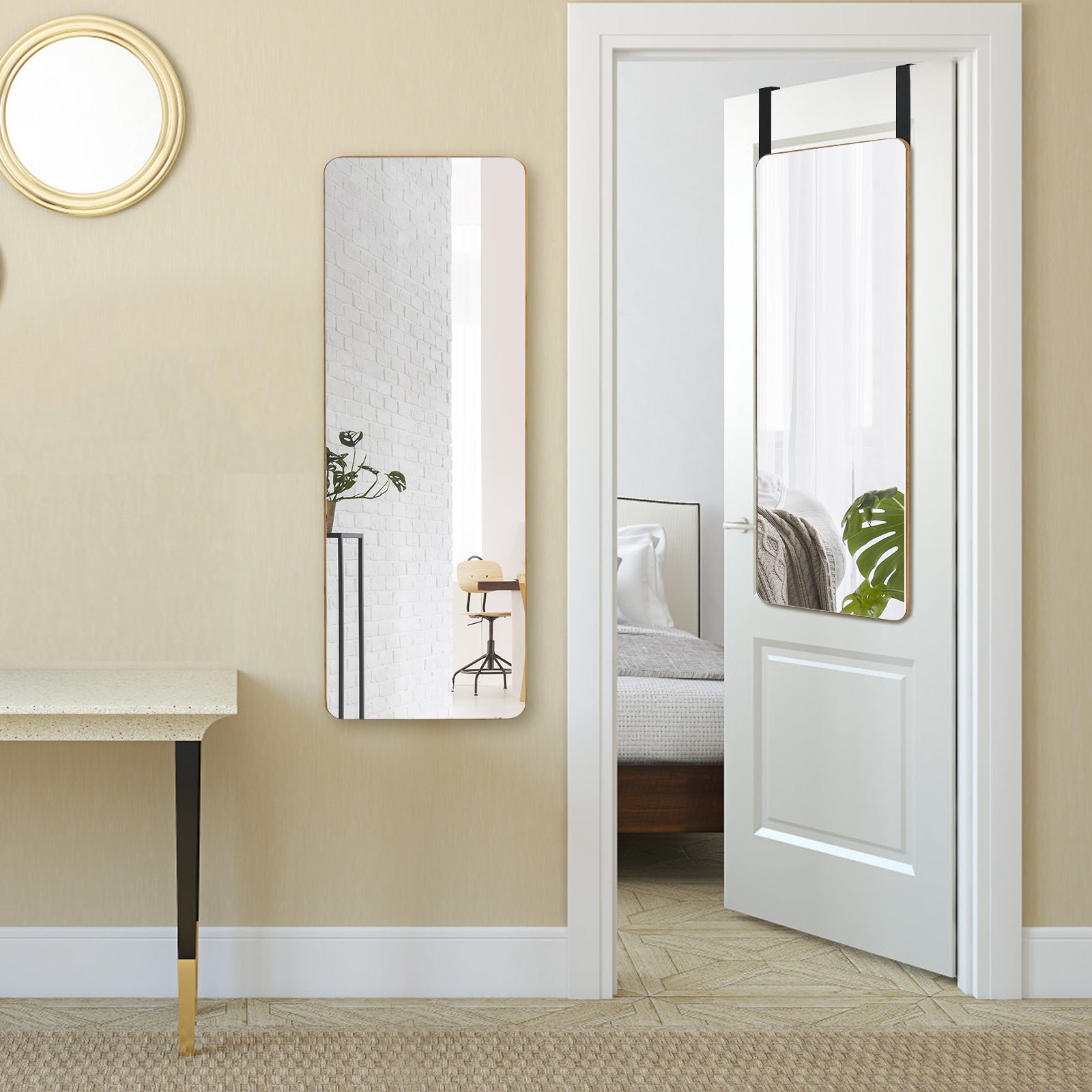Rectangle Wall Mounted Mirror with Bamboo Frame and Round Corners-Natural