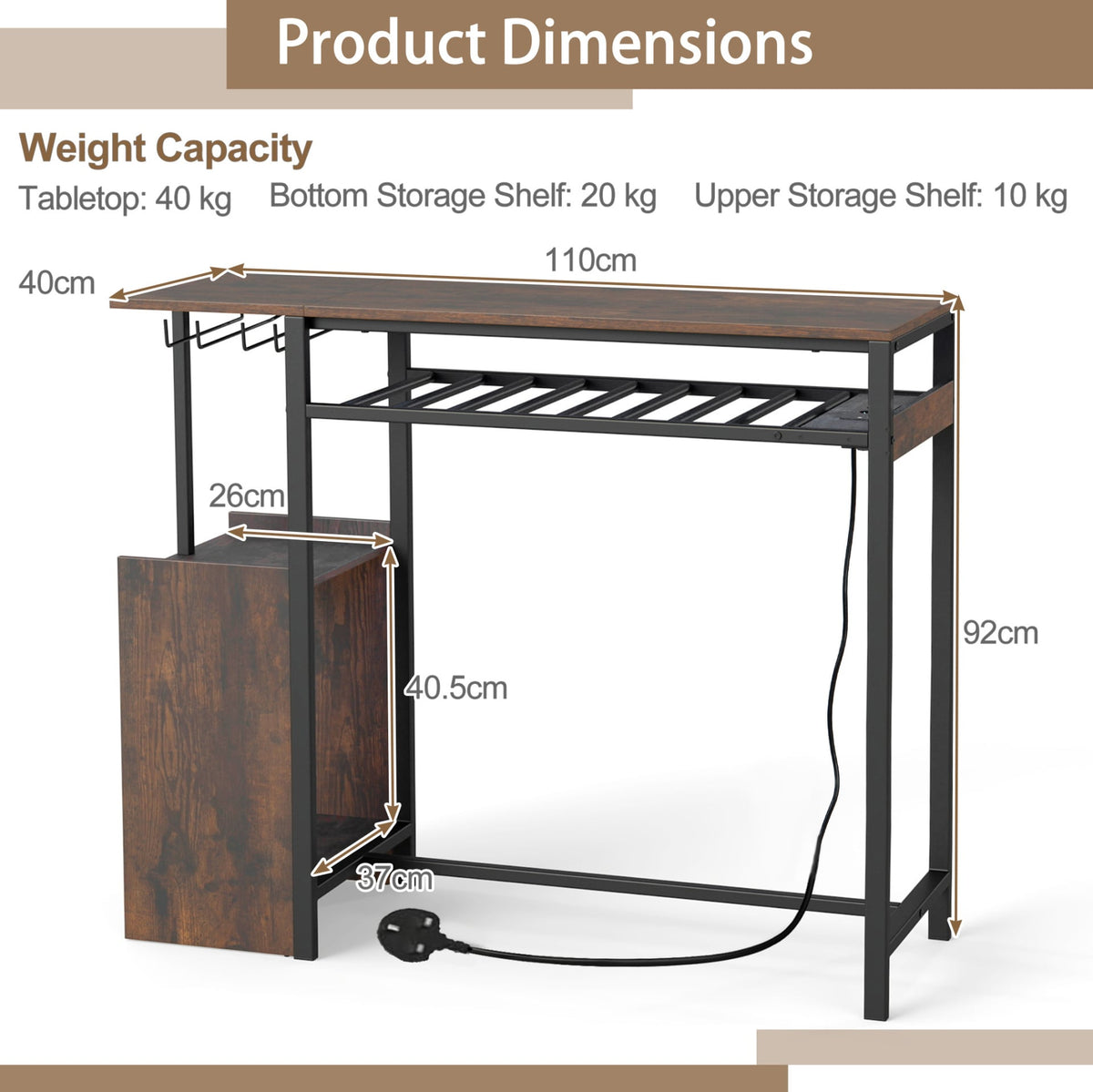 Rectangular Bar Table with RGB Light and 8-Bottle Wine Rack-Rustic Brown