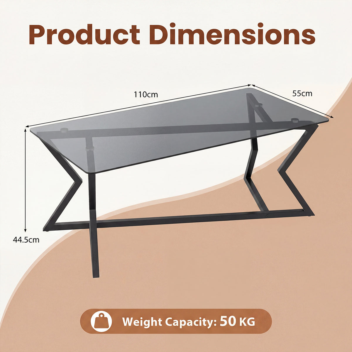 Rectangular Glass Coffee Table with Tempered Top and Metal Frame for Living Room-Grey&Black