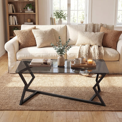 Rectangular Glass Coffee Table with Tempered Top and Metal Frame for Living Room-Grey&Black