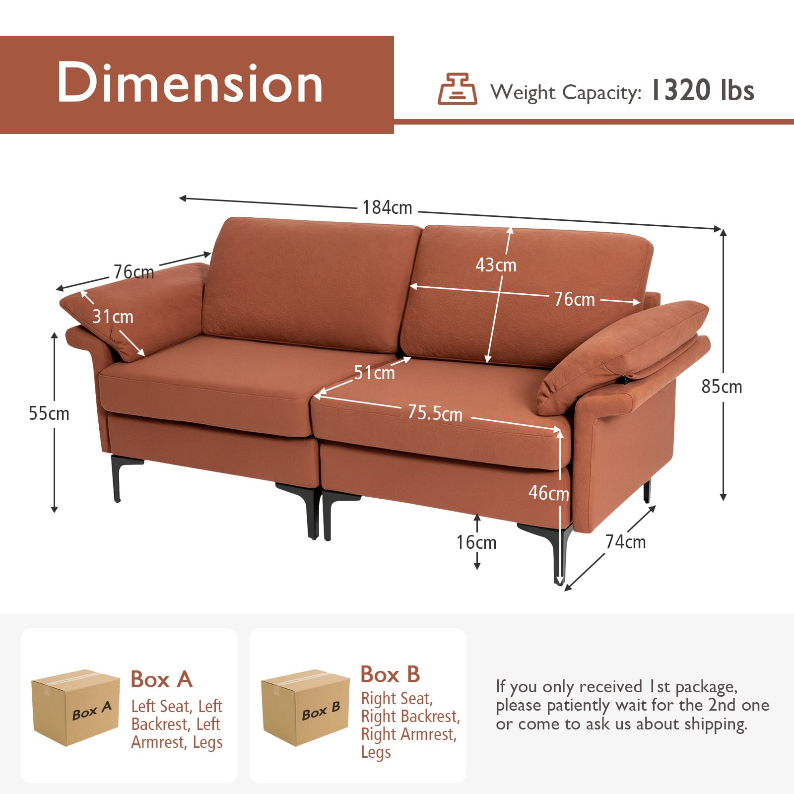 L-Shaped 2-Seater Upholstered Sectional Couch-Red