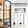 Outsunny Metal Firewood Log Holder 2 Layer Firewood Rack Indoor Outdoor Fireplace Wood Storage Shelf with 4 Tools and Hooks, Black, 40L x 30W x 74.5H cm